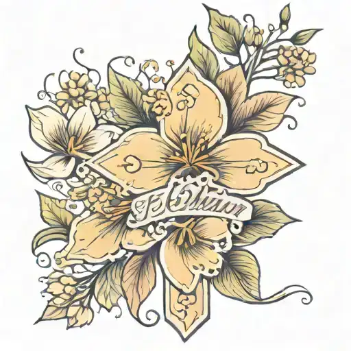 Fine Line Cross Tattoo With February And October Birth Flowers