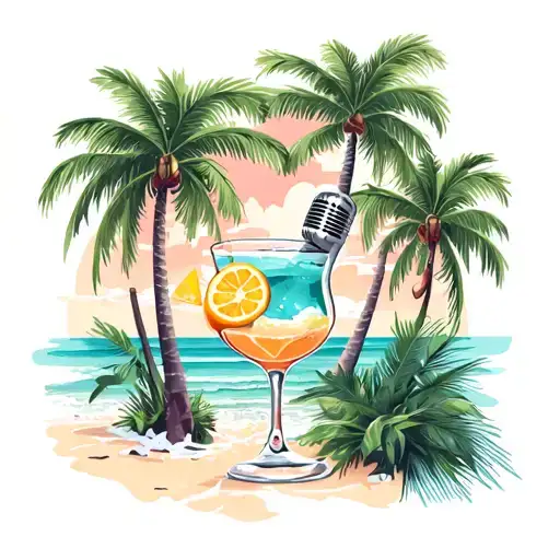 A Beach Scene With Palm Trees And A Cocktail Glass That Doubles As A Microphone