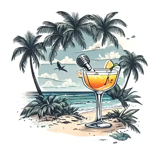 A Beach Scene With Palm Trees And A Cocktail Glass That Doubles As A Microphone