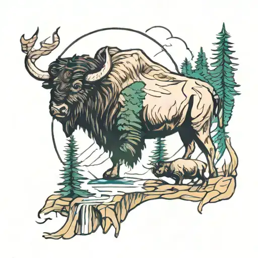 Evergreen Forest Mountains Waterfall And Buffalo