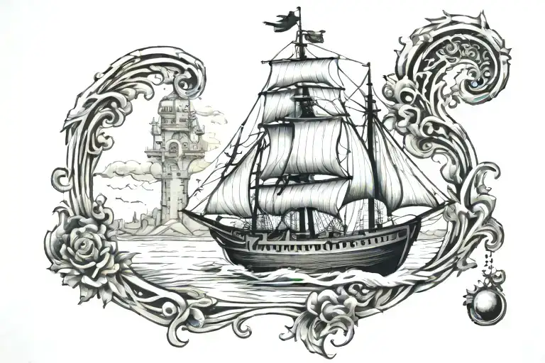 Harp Castle Ship Black And White