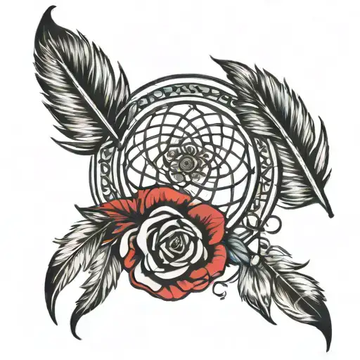 Dreamcatcher With Feather Mandala And Red Rose Intertwined