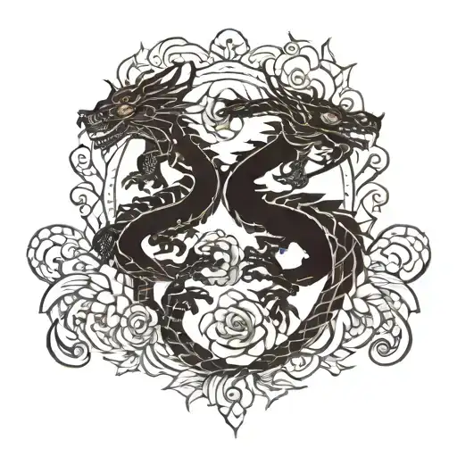 Two Twin Black Dragons With Flower In Middle For Lower Back