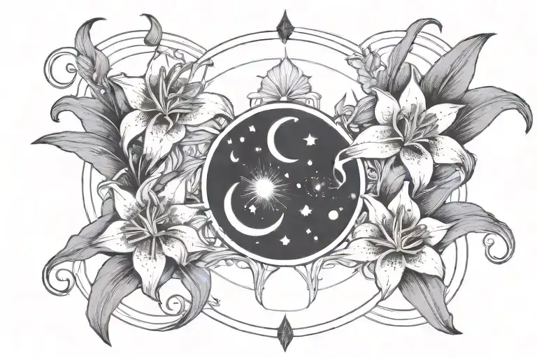 Triple Moon Phases With Tiger Lilies Growing Amidst