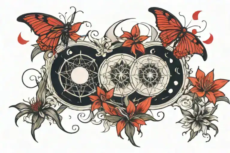 Triple Moon Phases With Red Spider Lilies Growing Amidst