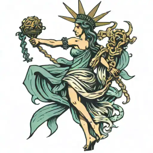 Lady Liberty Standing With Her Back Turned To Medusa