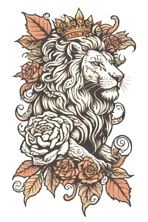 Noble Lion With English Rose And Canadian Maple Leaf