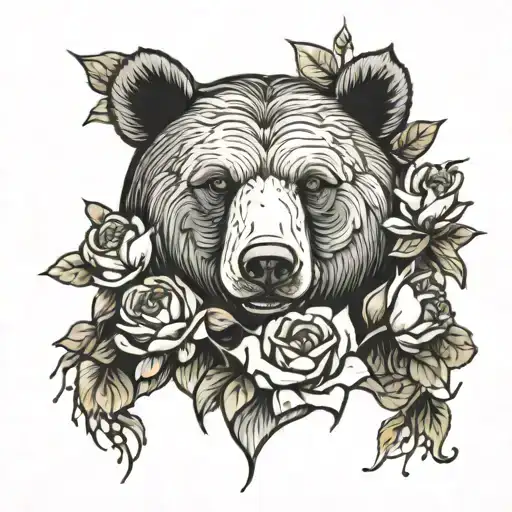Bear With Lotus And Roses Growing
