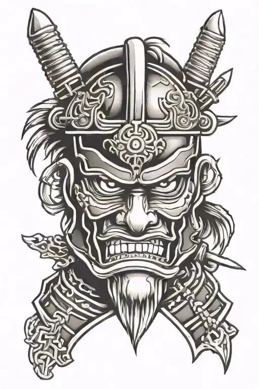 Japanese Samurai Mask On Knee Cap