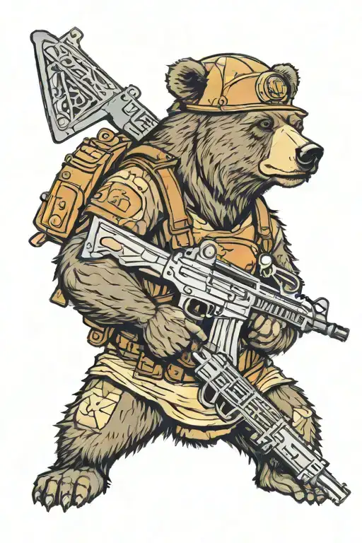 A Bear With A War Helmet And Standing With A Ak 47
