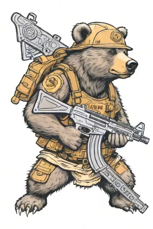 A Bear With A War Helmet And Standing With A Ak 47