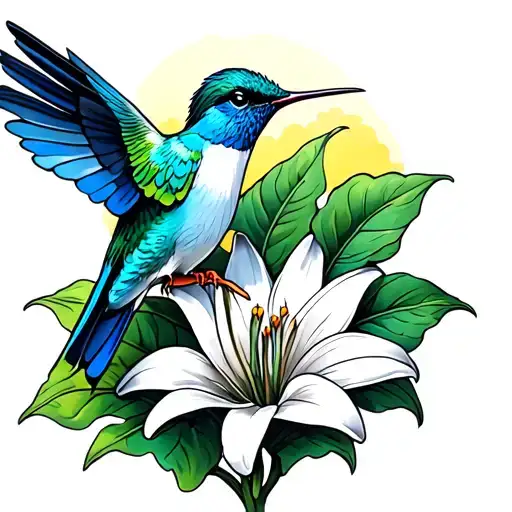 Blue Hummingbird Drinking From A White Lily Flower