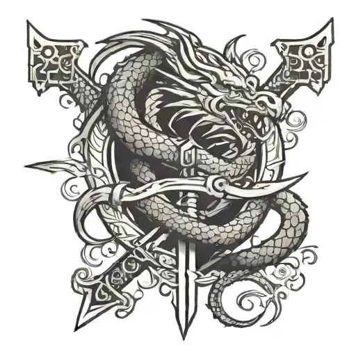 A Sword With A Dragon Around It In Black And White