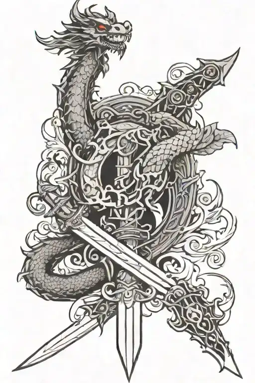 A Sword With A Dragon Around It In Black And White