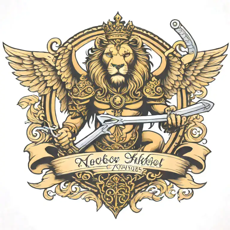 Crowned And Winged Lion Holding Sword With Crossed Keys Forming A Blank Name Banner
