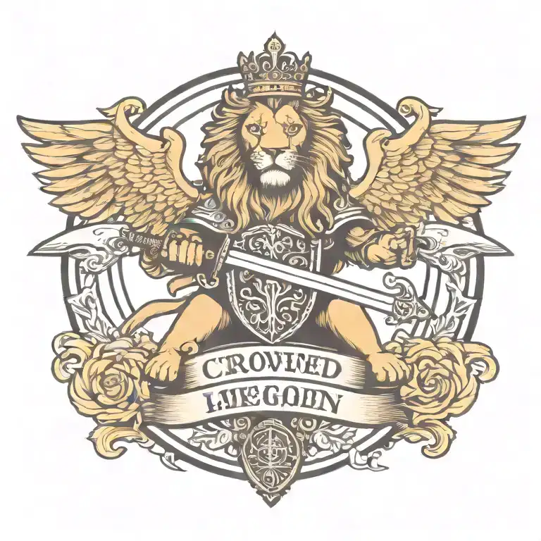 Crowned And Winged Lion Holding Sword With Keys Forming A Blank Name Banner