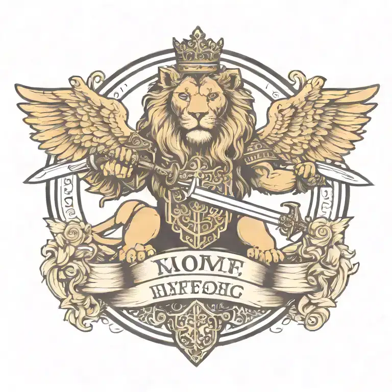 Crowned And Winged Lion Holding Sword With Keys Forming A Blank Name Banner
