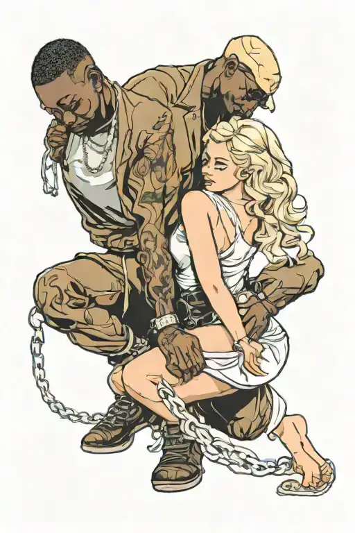 Black Man Holding A White And Blonde Woman On Her Knees On A Leash