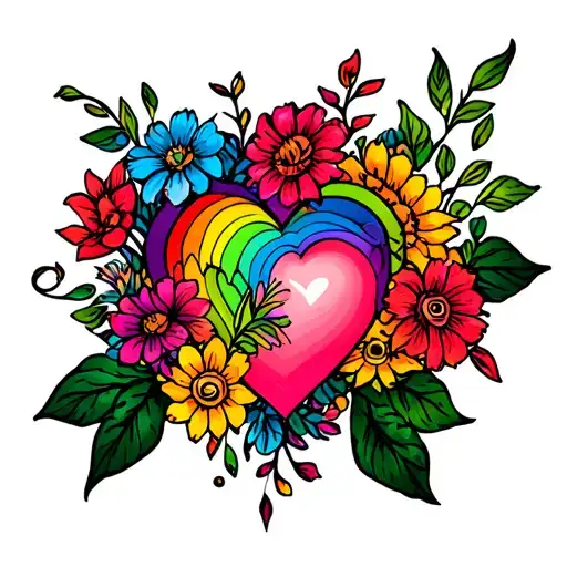 Rainbow Heart And Flowers Surrounding