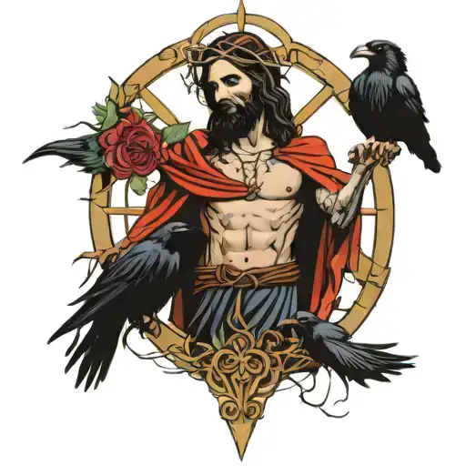 Christ Holding Crown Of Thorns With A Raven Perched