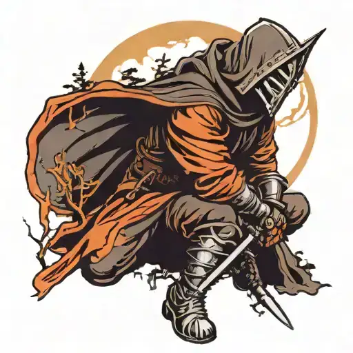 Masked Hooded Knight Kneeling With Sword With Trees And Moon Behind