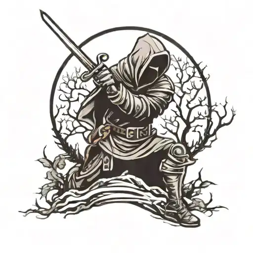 Masked Hooded Knight Kneeling With Sword With Trees And Moon Behind