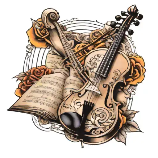 Sun And Violin Surrounded By Sheet Music