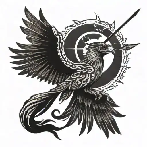 Sagitarius Sun And Arrow With Phoenix Bird Flying Away