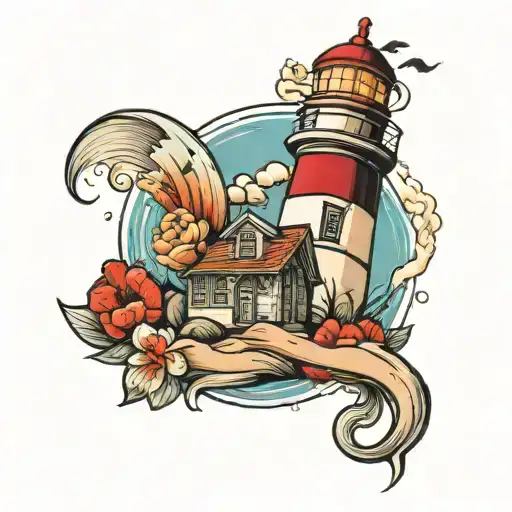 A Traditional Style Tattoo Of A Lighthouse With Hawaii Inspired Elements