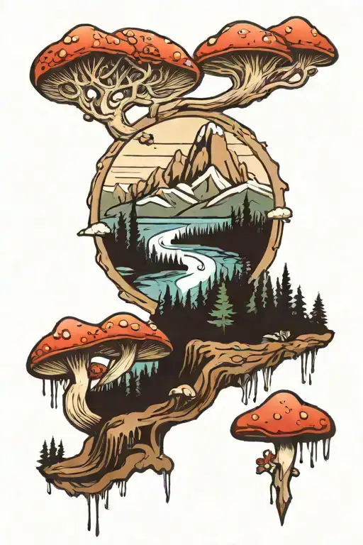 Mountain Range With A River Flowing Through The Forest And Mushrooms Below