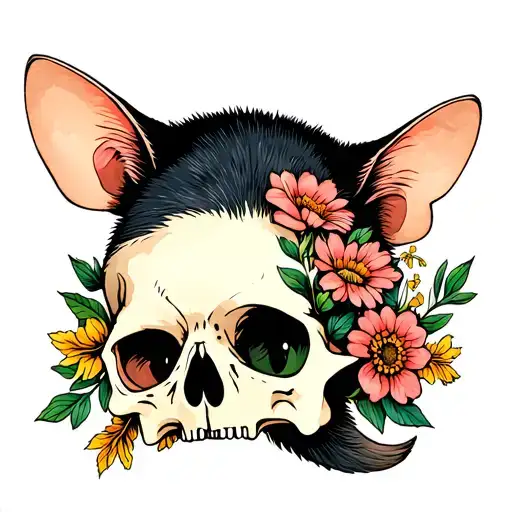 Field Mouse On A Bird Scull Cat With Flowers