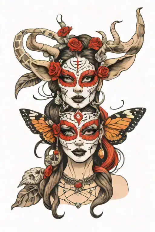 Beautiful Warrior Princess With Deer Horns And Wearing A Death Moth Mask Over Her Eyes
