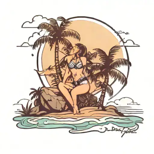 Palm Tree On Island And Moonlight And Girls In Bikini On