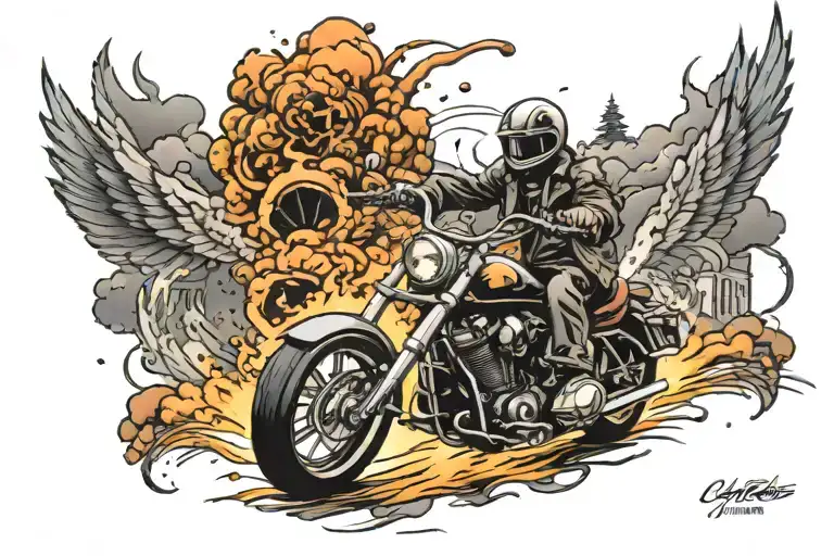 Motorcycle Riding Down Road Leading Towards Heaven Exploding