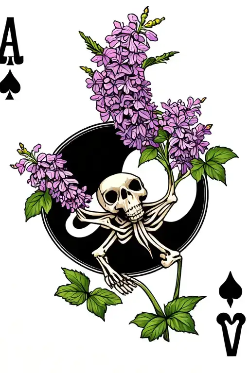 Skeleton Lilacs Blooming In A Meadow Poker Cards And A Buck