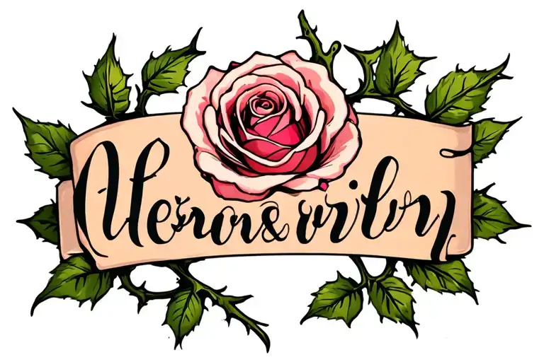 Rose With Script Entwined With Thorny Vine Like Stem And Leaves