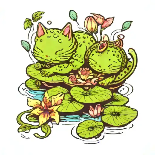 Cat And Frog Taking A Nap On A Lilypad With Flower Flaoting In Water