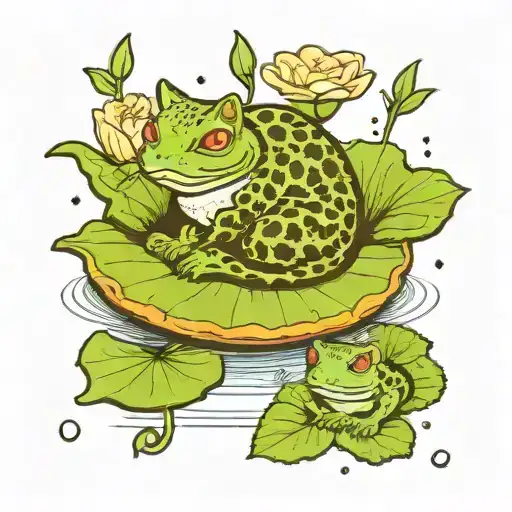 Cat And Frog Taking A Nap On A Lilypad With Flower Flaoting In Water Eating Flies With Long Tongue