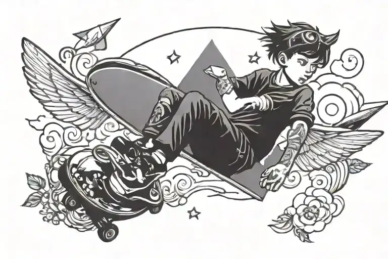 Boy Skateboarding And Flying Paper Airplane