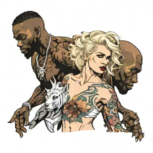 One Very Slim White Blonde Female Surrounded By Two Muscular Big African Males