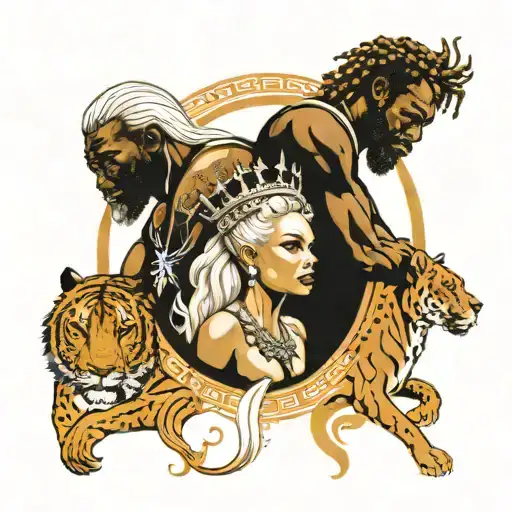One Very Slim White Blonde Queen Female Surrounded By Two Muscular Big African King Males