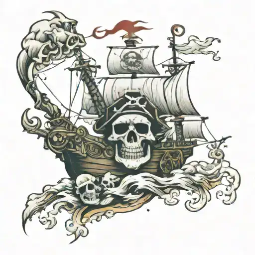 Cashed Pirate Ship With Skull Infront