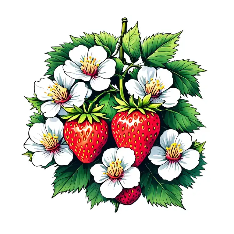 Strawberry Plant Including Blossoms And Fruit