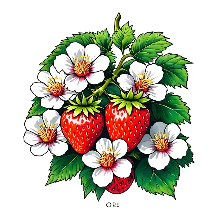 Strawberry Plant Including Blossoms And Fruit