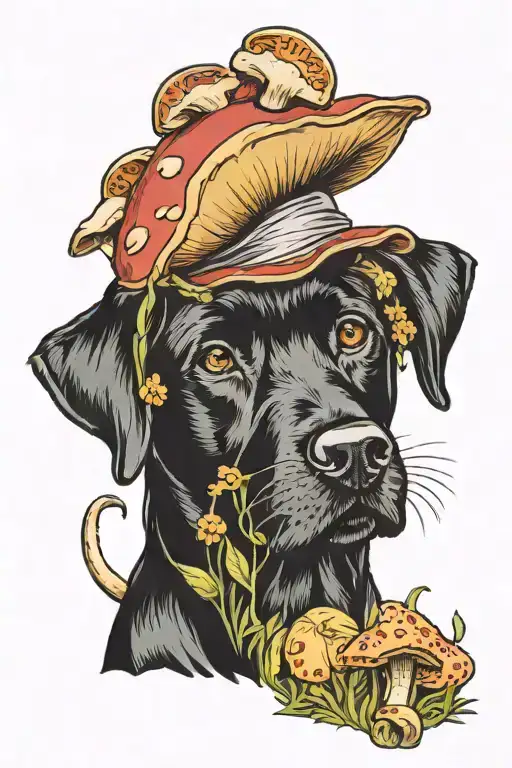 Black Lab Dog And Mushrooms And Something Italian