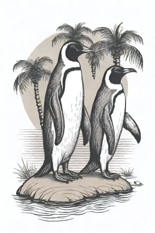2 Small Penguins On A Beach Holding Hands Under A Tall Palm Tree