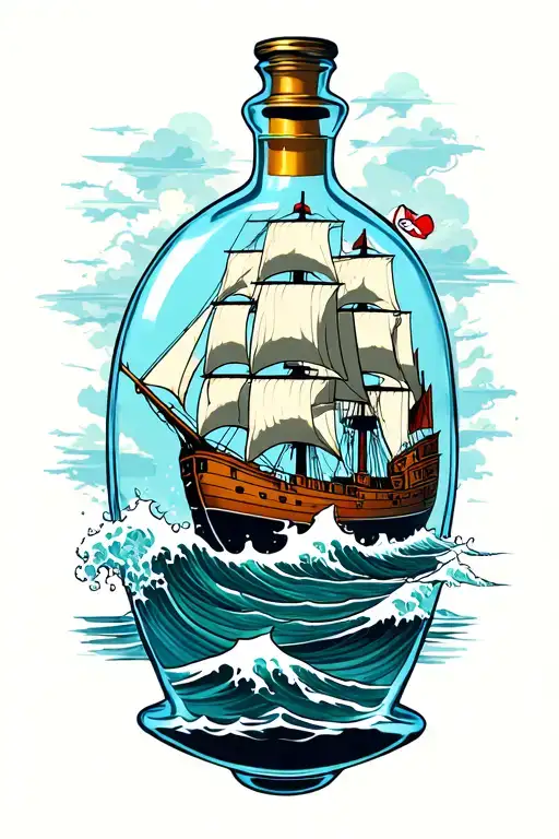 Ship In A Bottle With A Wave Crashing Background