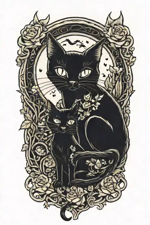 Black Cat And Witch In Love Under A Full Moon