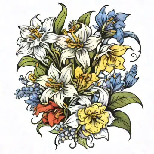 2 Lily Of The Valleys A Daffodil A Larkspur A Poppy And A Aster