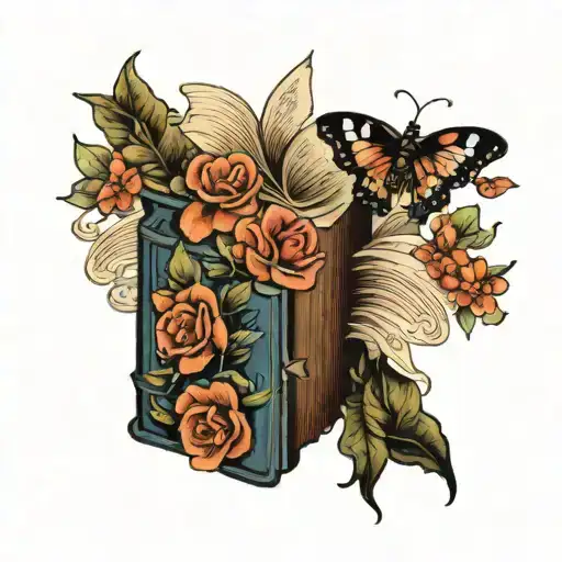 Open Book With Flowers And Butterflies